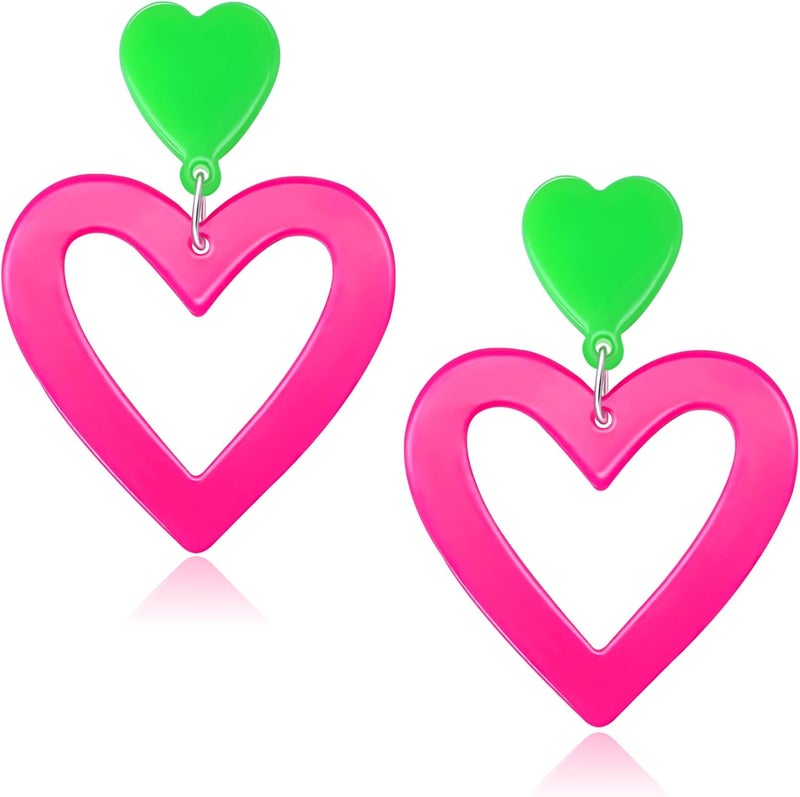 HOLYRY Neon Heart Earrings for Women Acrylic Neon Earrings 80s 90s Outfit for Women Glow Party Accessories Gifts Hot Pink Orange Green Yellow - Image 1